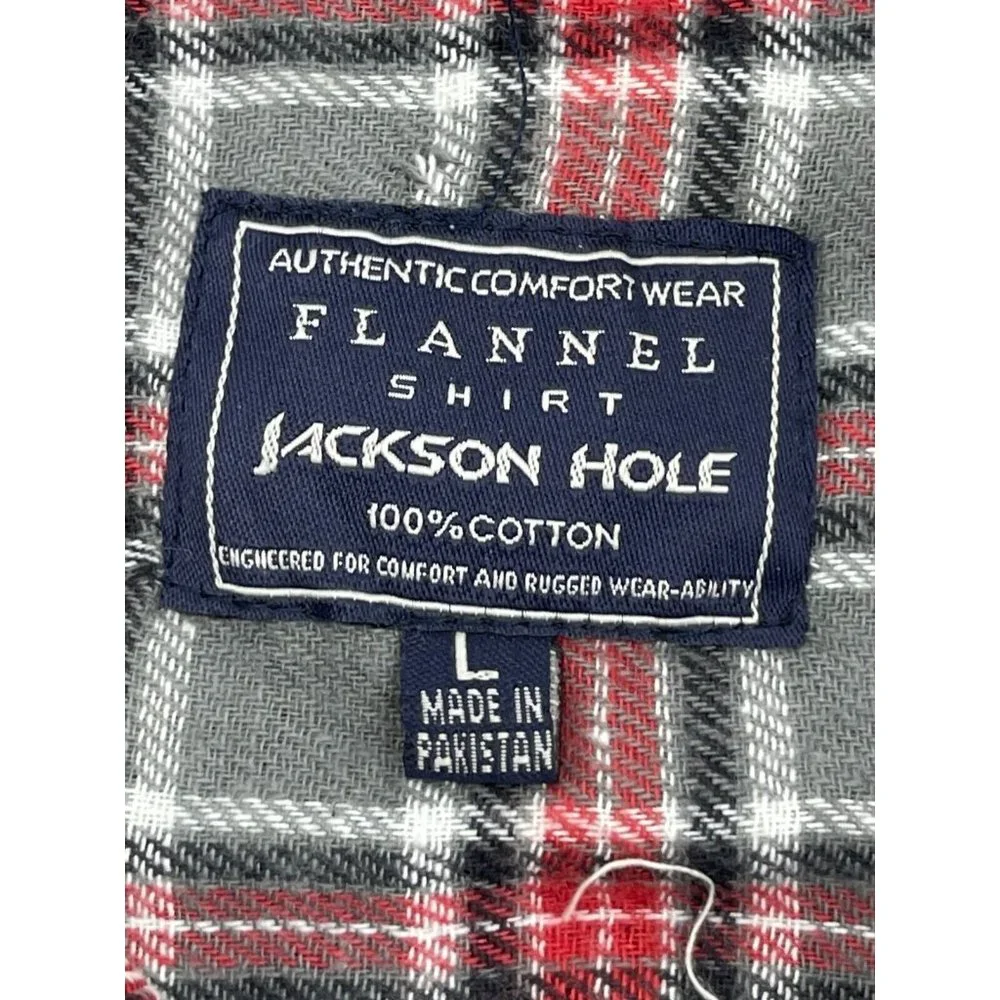 Jackson Hole Men's Gray Red Plaid Flannel Button Down Long Sleeve Shirt Size L
